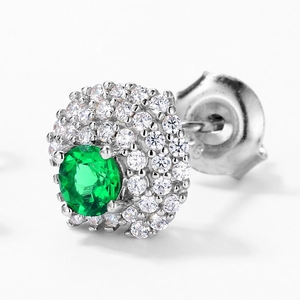 Classic S925 silver halo stud earrings with round emerald and white cubic zirconia