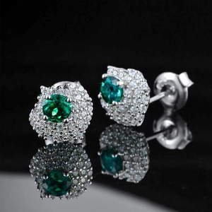 Vintage S925 silver stud earrings with round emerald and cubic zirconia halo