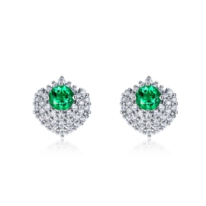 Luxurious S925 silver stud earrings with round emerald centers and halo diamond setting