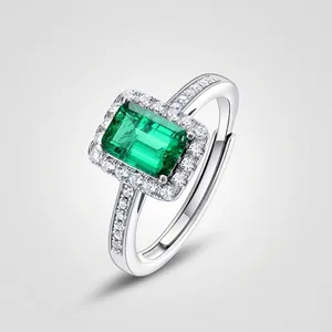 Vintage S925 Sterling Silver Lab-Grown Emerald Halo Ring For Women Adjustable Emerald Cut Zirconia Luxury Finger Jewelry