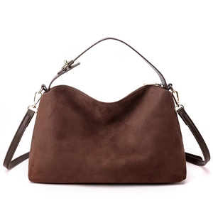 Classic dark brown matte suede handbag with gold hardware and versatile dual straps