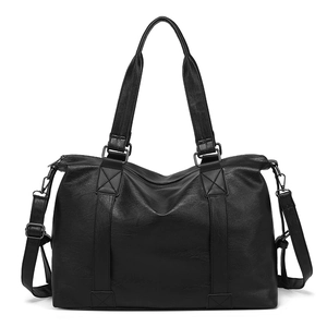 Large black leather tote bag with pebble texture, dual handles and adjustable strap