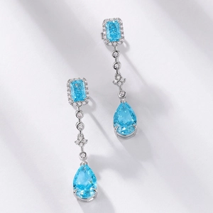 Elegant S925 silver long drop earrings with pear-cut sky blue gemstones and diamonds