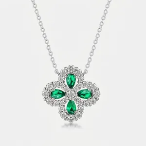 925 Sterling Silver Lab-Grown Emerald Necklace For Women Vintage Clover Pendant Necklace Zirconia Clavicle Chain Jewelry Gift