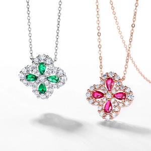 Vintage S925 silver four-leaf clover necklaces with emerald and ruby lab-grown gemstones