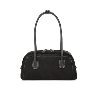 Minimalist black faux suede shoulder bag with contrast white stitching and large capacity