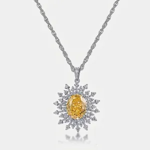 Luxurious S925 Sterling Silver Sunflower Pendant With Oval Yellow Zirconia Stone Handcrafted Sunburst Pendant For Women Jewelry