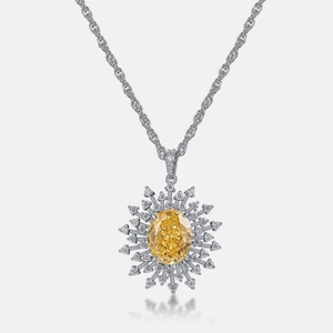 S925 silver necklace with radiant sunburst pendant featuring an oval yellow gemstone
