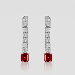 925 Sterling Silver Drop Earrings For Women Geometric Square Synthetic Ruby Sapphire Elegant Zirconia Party Fashion Jewelry