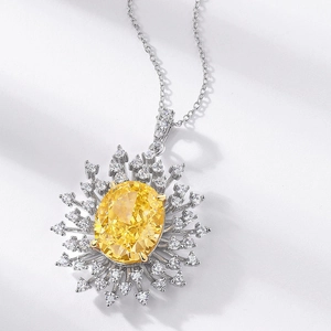 Luxurious S925 silver sunflower pendant necklace with an oval yellow diamond-cut stone