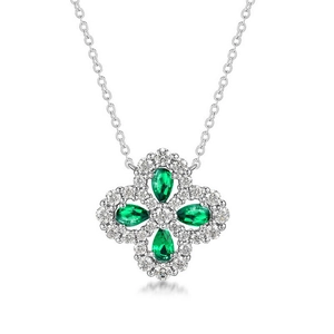 Elegant S925 silver four-leaf clover necklace with pear-shaped emerald gemstones and white stones