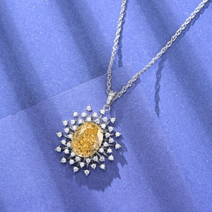 S925 silver sunflower pendant with a large yellow gem and halo of white cubic zirconia