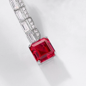 S925 silver long drop earrings featuring a square emerald-cut ruby and clear baguette gems