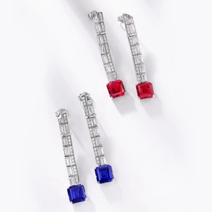 Elegant S925 silver long drop earrings with square cut red and blue sapphire stones