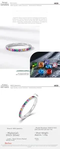 Detail view of a 1.8mm S925 sterling silver ring featuring colorful cubic zirconia stones