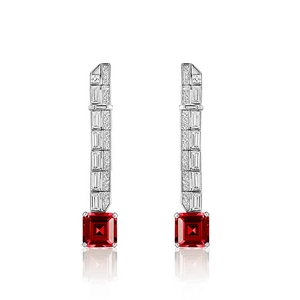 Elegant S925 silver long drop earrings with square red rubies and geometric zircon pavé