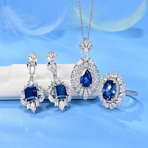 Luxury S925 silver jewelry set with blue sapphire gemstones and sparkling carbon diamonds