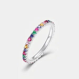 S925 Sterling Silver Rainbow Eternity Ring For Women Minimalist Inlaid Colorful Rhinestone Stackable Finger Ring Jewelry