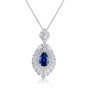 Luxurious S925 silver necklace featuring a pear-cut blue sapphire and white zircon pendant