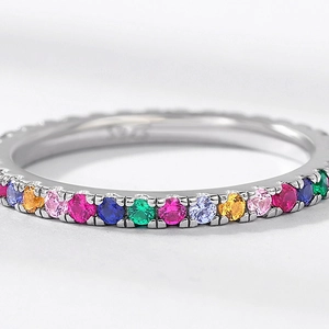 S925 Sterling Silver Rainbow Ring with colorful multifaceted cubic zirconia stones