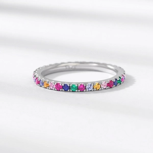 Elegant S925 sterling silver eternity ring featuring vibrant rainbow cubic zirconia stones