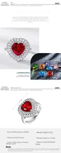 Detailed technical specifications of S925 silver ring featuring heart-shaped ruby stone