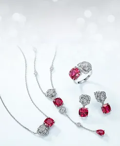 Exquisite S925 silver jewelry set featuring red lab ruby rose petal necklace and earrings
