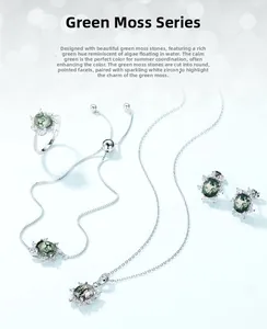 Exquisite S925 silver jewelry set with green moss agate and sparkling white zircon stones