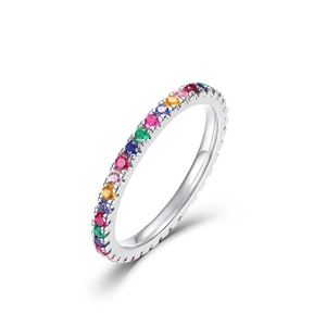 Elegant S925 sterling silver band ring with rainbow zircon gemstones on white background
