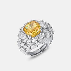 Bague luxueuse en argent S925 avec pierre jaune taille coussin et halo de zircon