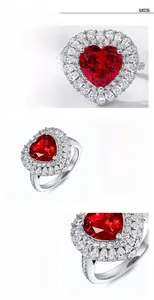 Macro detail of S925 silver ring featuring heart-shaped ruby and high-carbon diamond inlay