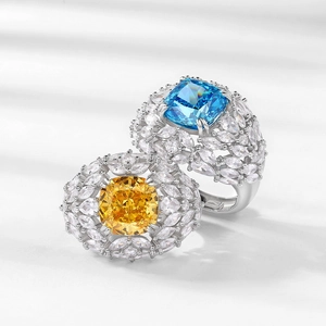 Bagues luxueuses en argent S925 avec zircons bleus et jaunes taille coussin