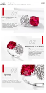 Detailed macro view of S925 sterling silver stamp and square cut ruby on rose ring