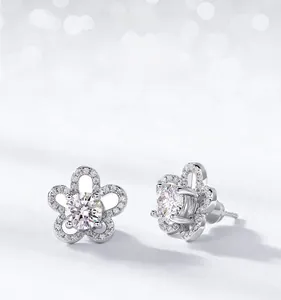 Detailed view of S925 silver moissanite flower earrings with a removable 4-prong setting