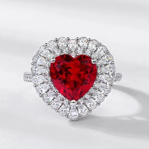 Elegant heart-shaped red ruby ring with double halo white stone setting in S925 silver