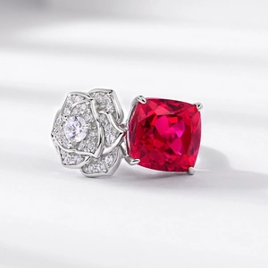 Luxurious S925 silver ring with red cushion-cut ruby and diamond-set rose petals