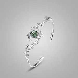 Bracciale Rigido Aperto in Argento Sterling S925 Con Agata Muschiata Naturale Design a Ramo Regolabile per Donna Gioielli alla Moda