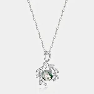 925 Sterling Silver Moss Agate Pendant Necklace For Women Natural Stone Botanical Branch Design Elegant Jewelry Holiday Gift