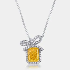 Collana con Pendente a Fiocco in Argento Sterling S925 Giallo Taglio Radiant Strass per Donna Elegante Gioielli Catena Clavicola