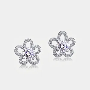 S925 Sterling Silver Moissanite Flower Stud Earrings For Women Sparkling Round Center Stone Vintage Jewelry With GRA Certificate