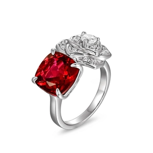 Luxurious S925 silver ring featuring a large red cushion cut ruby and rose floral details