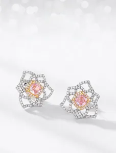 Macro detail of S925 silver flower earrings with pink square-cut high carbon diamond