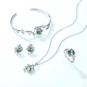 Natural Moss Agate jewelry set in S925 sterling silver with vine branch design