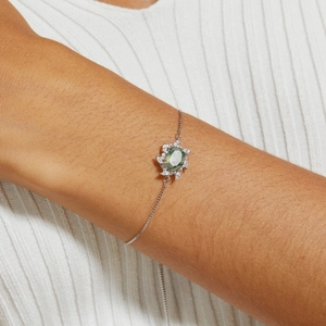 925 Sterling Silver Moss Agate Bracelet For Women Green Oval Natural Stone Inlaid Rhinestone Adjustable Box Chain Retro Jewelry Gift