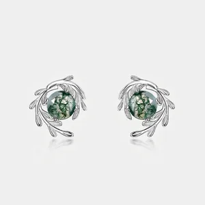 925 Sterling Silver Natural Green Moss Agate Stud Earrings For Women Forest Branch Vine Design Jewelry Gift