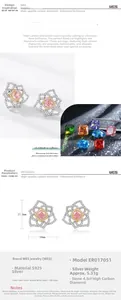 Detailed view of S925 silver floral earrings with pink carbon diamond and size specs
