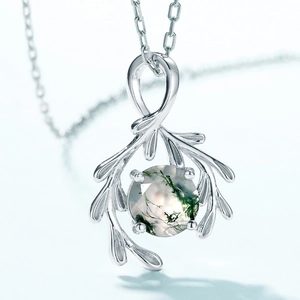 Elegant S925 silver necklace with green moss agate pendant on a minimalist silver chain