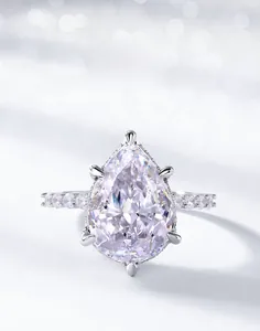Detail of pear-cut high carbon diamond ring in S925 sterling silver with 6-claw setting