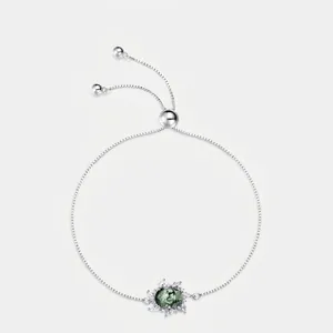 S925 silver adjustable moss agate bracelet with sparkling white zircon halo pendant