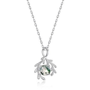 Antler shaped S925 sterling silver necklace with circular green moss agate stone pendant